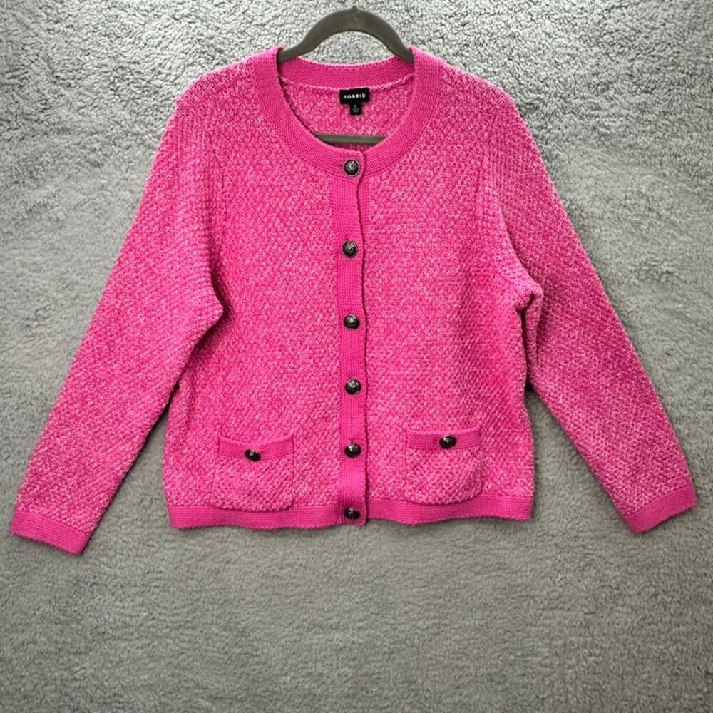 Torrid Size 0 Hot Pink Button Up Knit Cardigan Front‎ Pocket Skull Bones Button